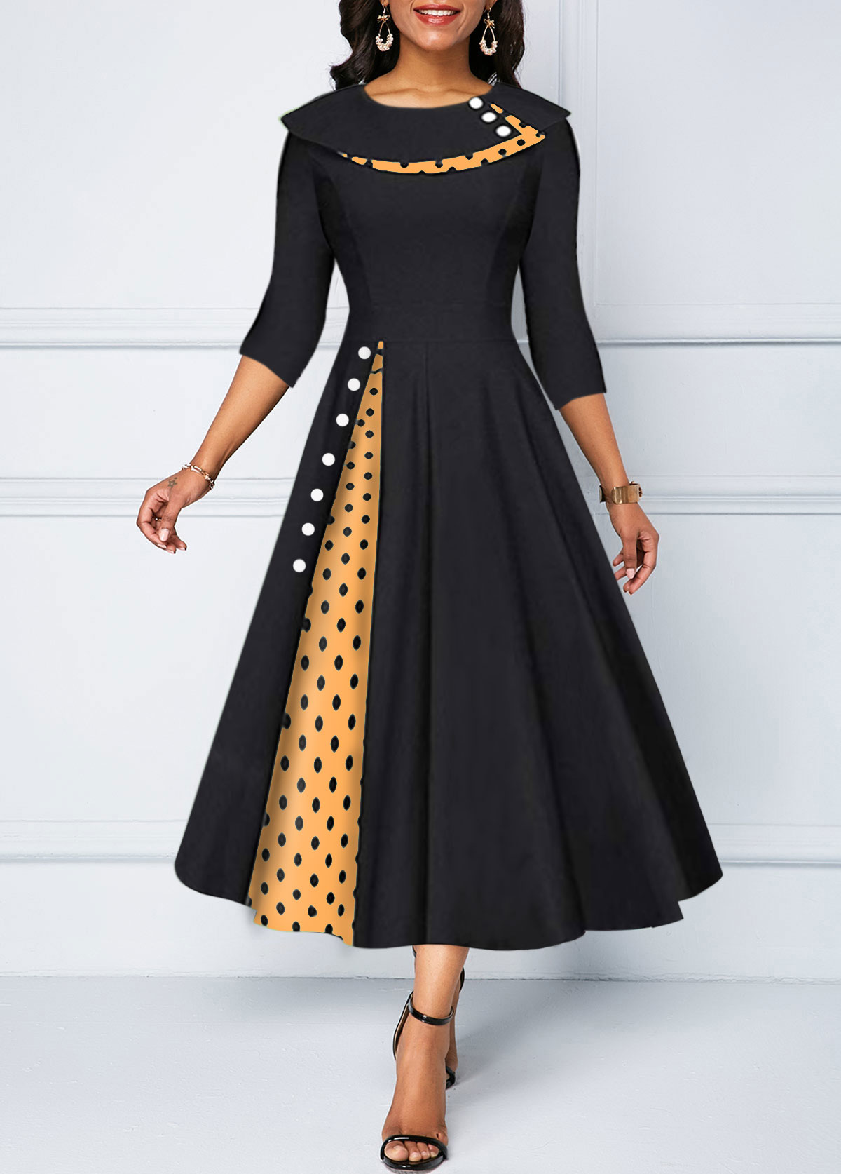 Polka Dot Print Button Detail Dress