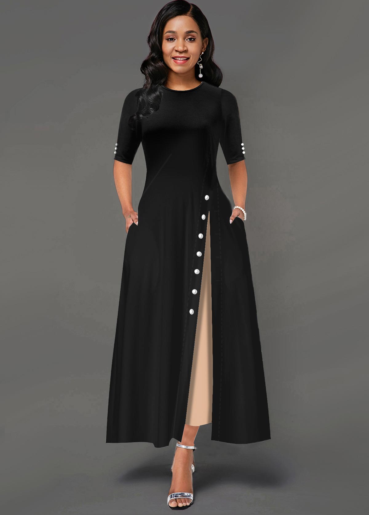 Color Block High Waist Button Detail Maxi Dress