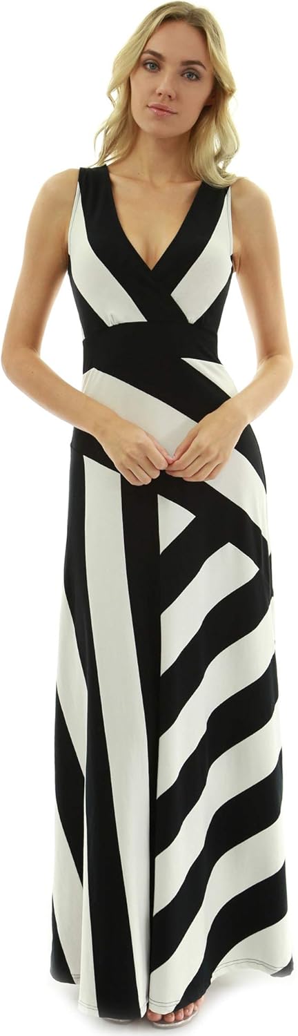 PattyBoutik Women Crossover V Neck Striped Maxi Dress