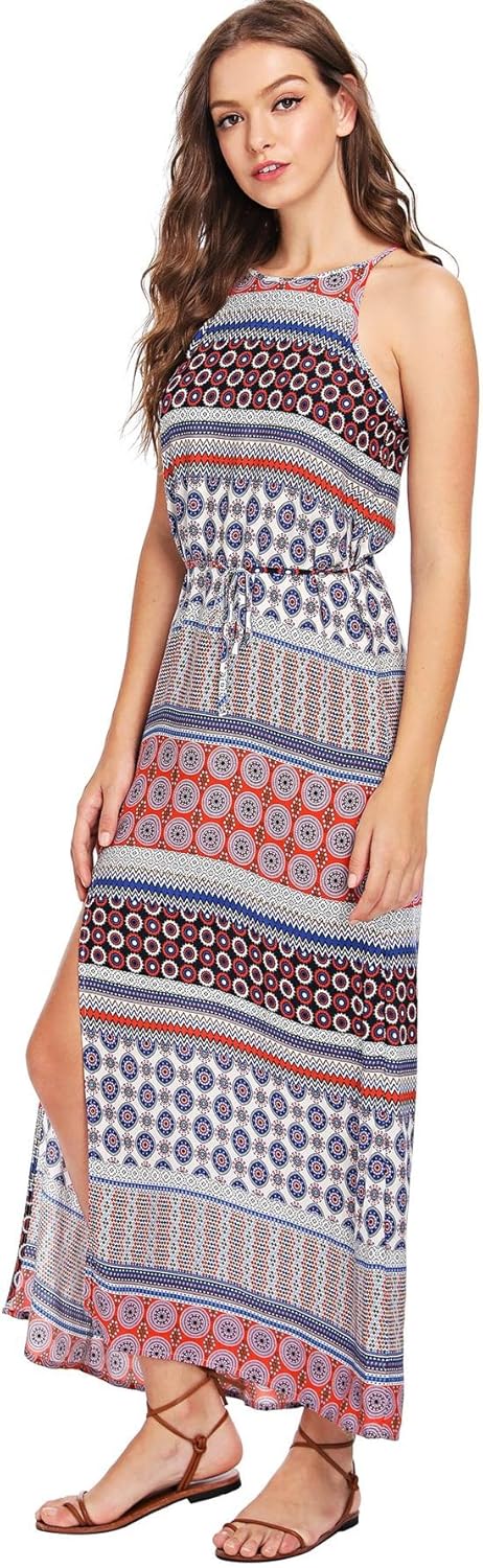 Floerns Boho Floral Sleeveless Halter Split Maxi Dress