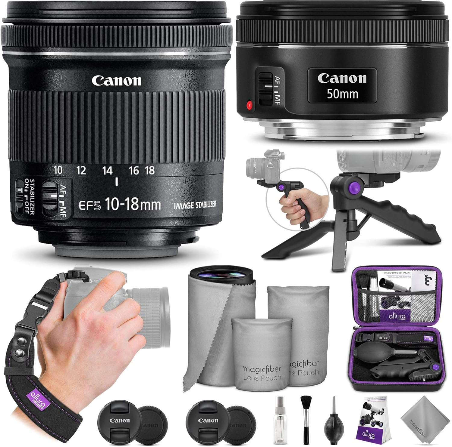 Canon 50mm and 10-18mm STM Lens with Altura Photo Essential