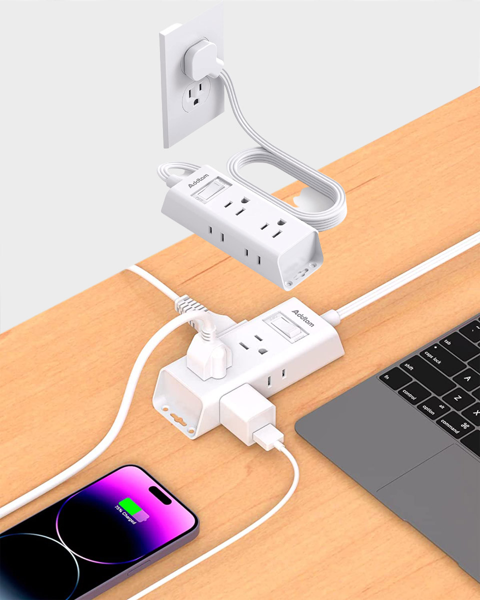 Addtam Cruise Essentials Flat Plug Power Strip For Travel, Dorm, Home Office