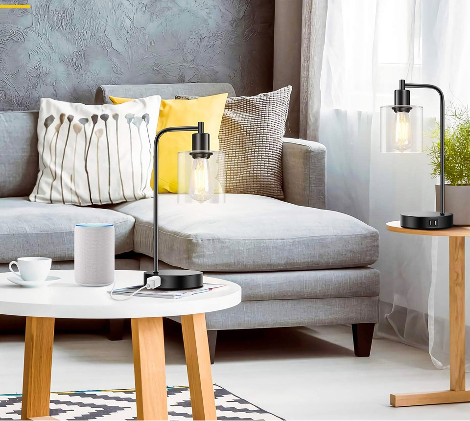 BesLowe Industrial Touch Control Table Lamps With 2 USB Ports