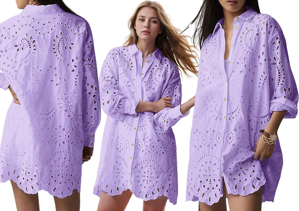 CHARTOU Eyelet Loose Fit Button Down Lace Shirt Dress