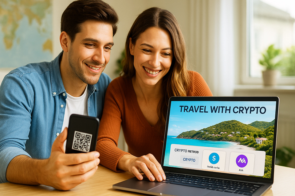 Couple booking travel with crypto