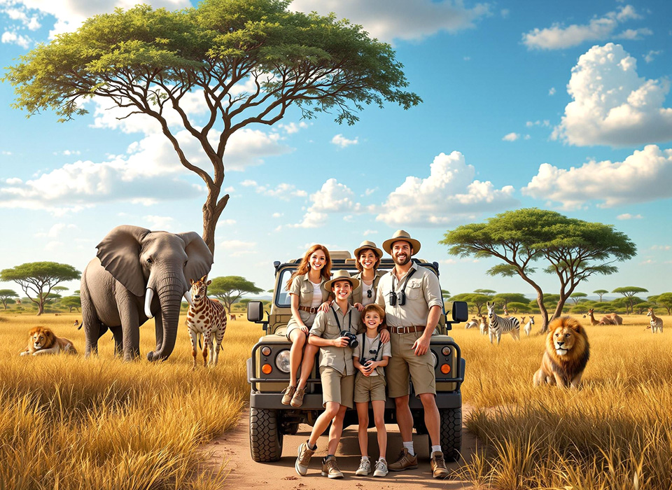 Family on safari vacation.