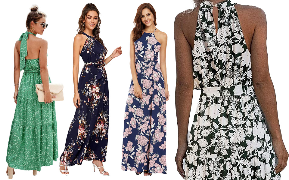    Floerns Sleeveless Halter Neck Vintage Maxi Dress