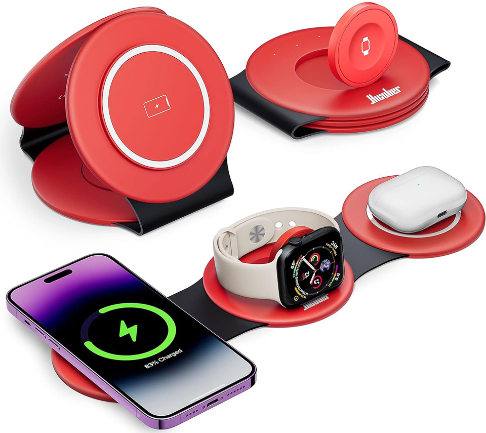 Hicober 3-In-1 Foldable Travel Charger For iPhone 12 To 15, AirPods And Watch