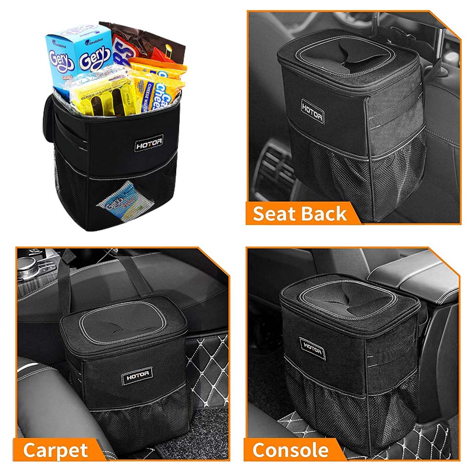 Hotor Car Trash Can with Lid and Storage Pockets