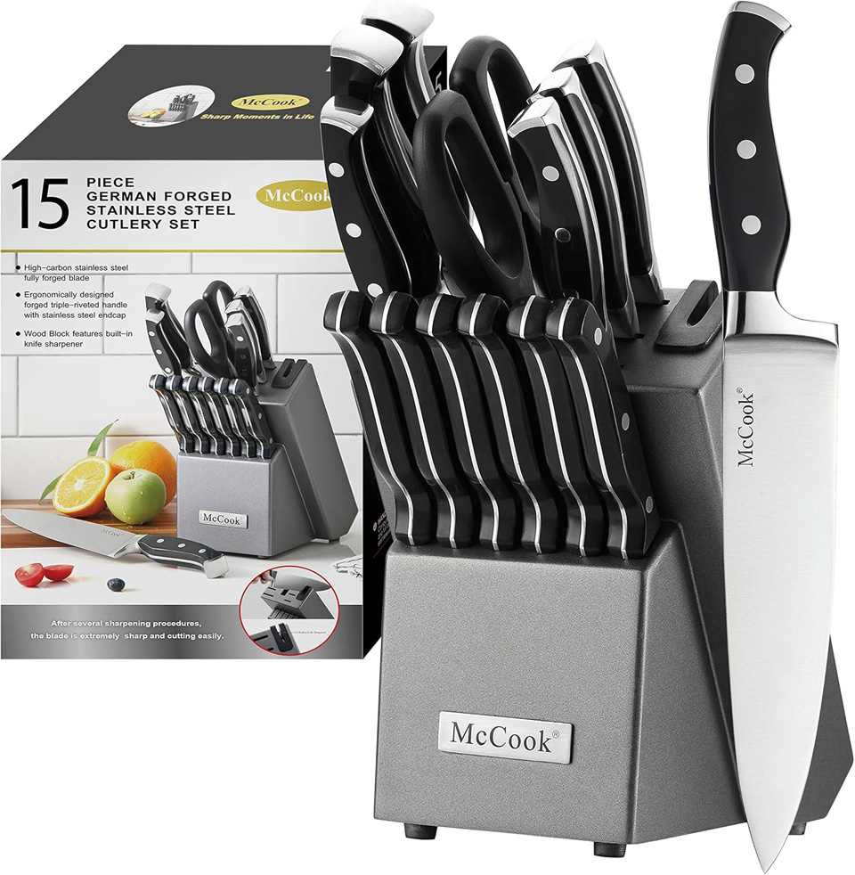 McCook Stainless Steel Kitchen Knife Block Set With Built-in Sharpener
