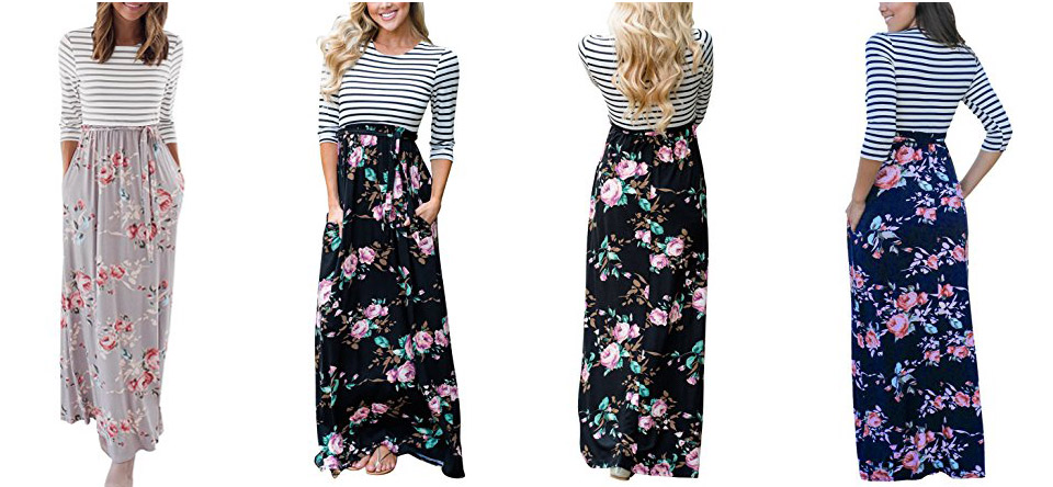 MEROKEETY Striped Floral Print Tie Waist Dress With Pockets