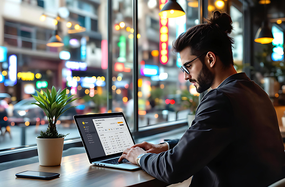 Millennial solo traveler sitting at a trendy café