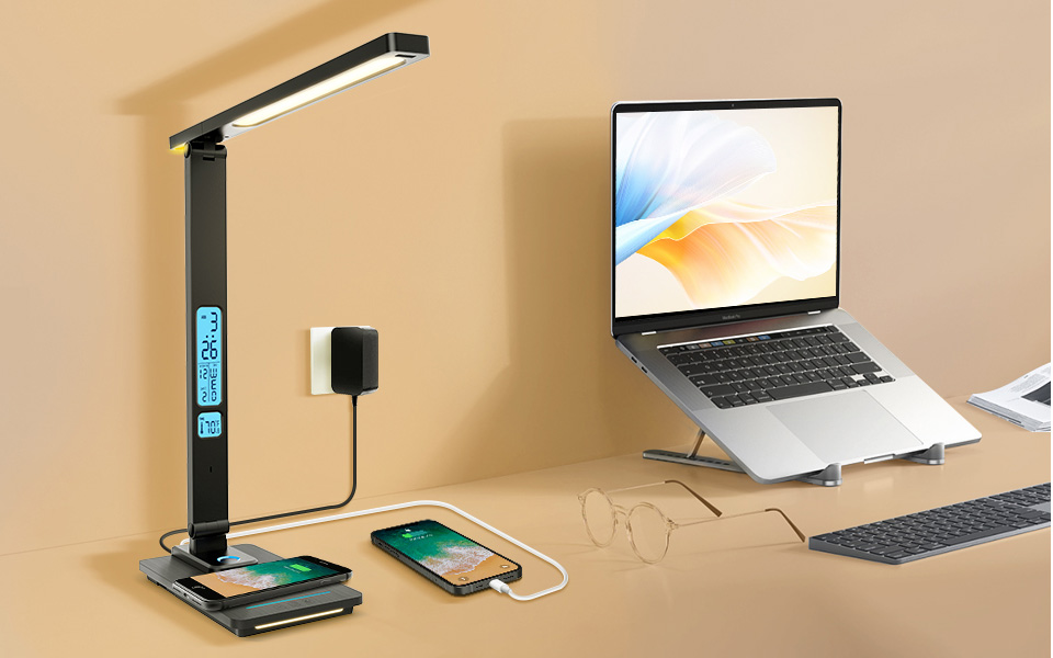 Moremili Wireless Charger LED Desk Lamp With Clock For Home Office