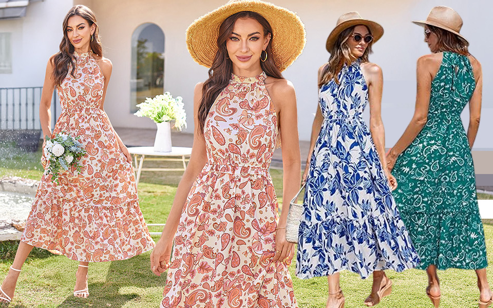 Newshows 2025 Summer Halter Neck Floral Long Maxi Dresses