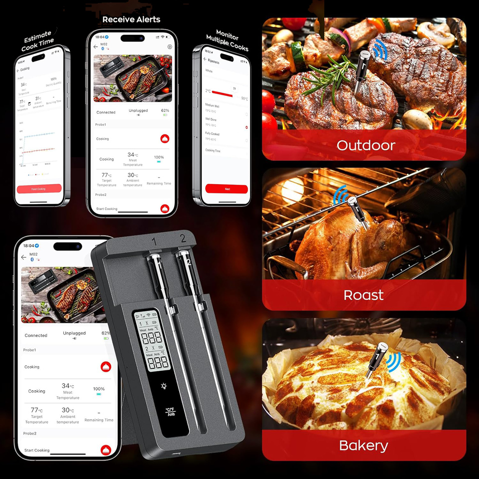 ROUUO Smart Wireless Bluetooth WiFi Combo Meat Thermometer With Dual Probes