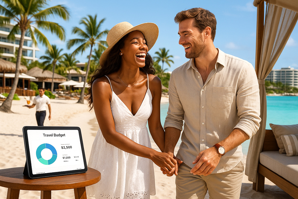 Couple smiling about their travel budget