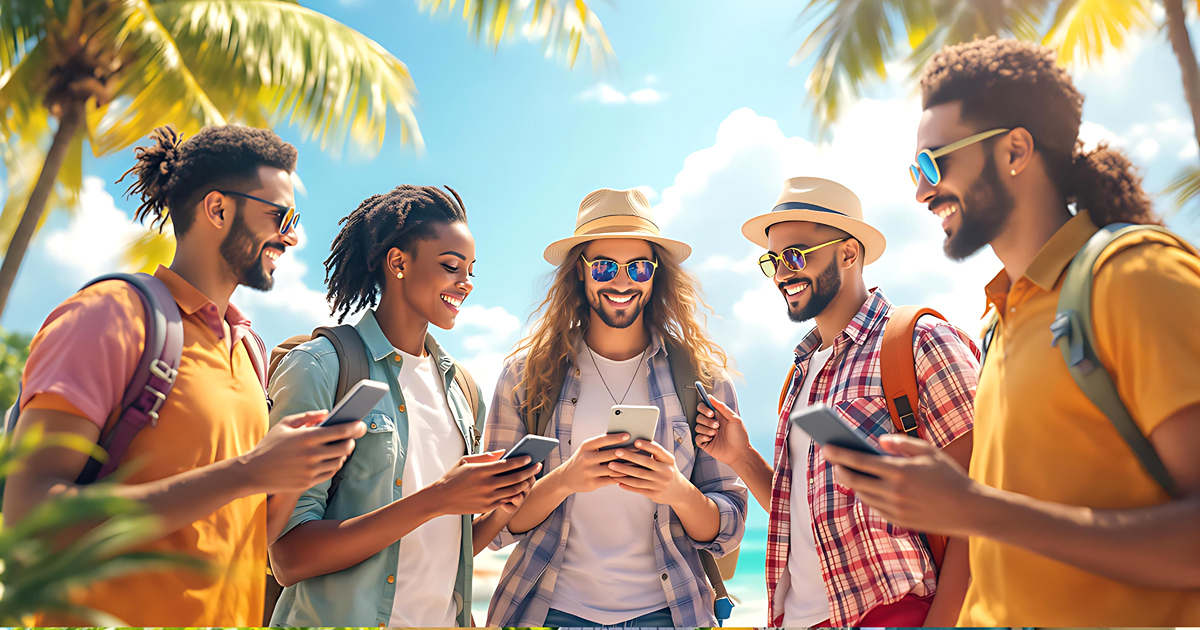 Travelers on vacation after booking flights, hotels, and activities with bitcoins and other cryptos.